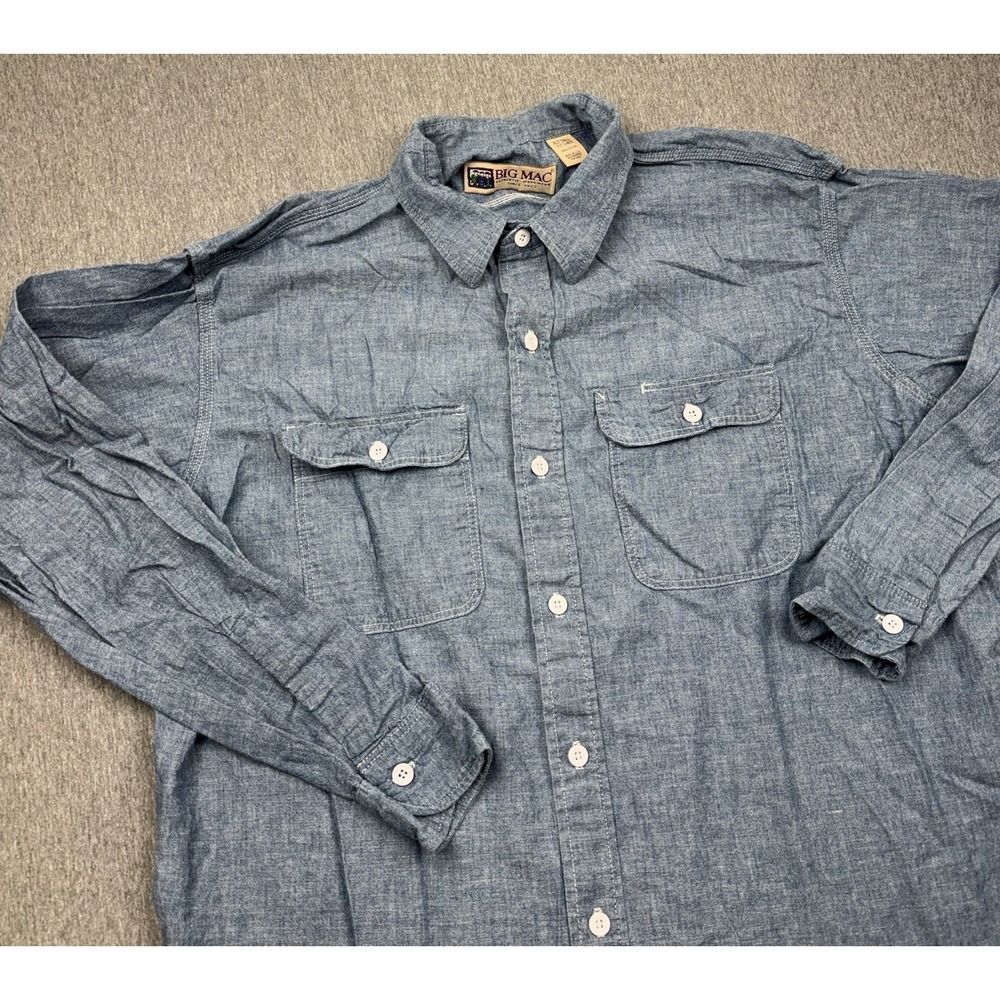 Big Mac Chambray Work Shirt Mens Sz XLT Blue Button Up Workwear USA 80s 90s Vtg